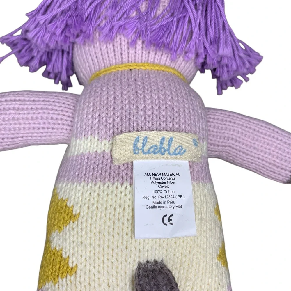 Blabla Kids Knit Doll‎ Plush Toy Purple Hair Yellow Bow Striped Outfit 14